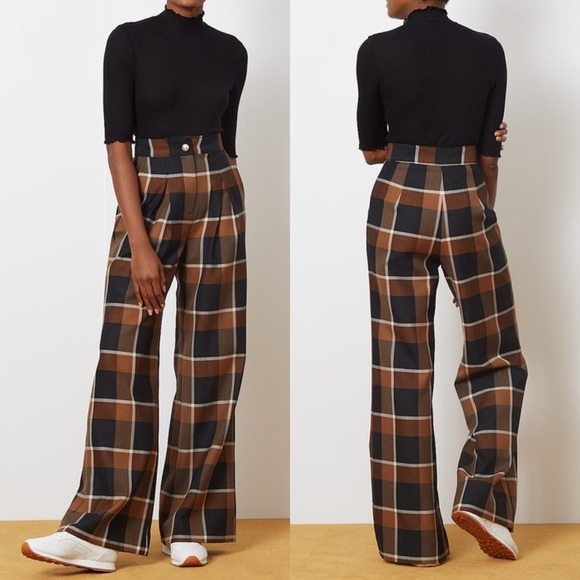 STAUD Pants - STAUD Moon Plaid Tartan Pant Wide Leg Trousers Pearl Button Brown Navy Size 2